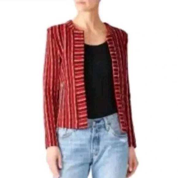 IRO Paris Red/Black/White Zip Pockets Striped Inland Tweed Blazer Jacket Size 32 - Picture 1 of 9